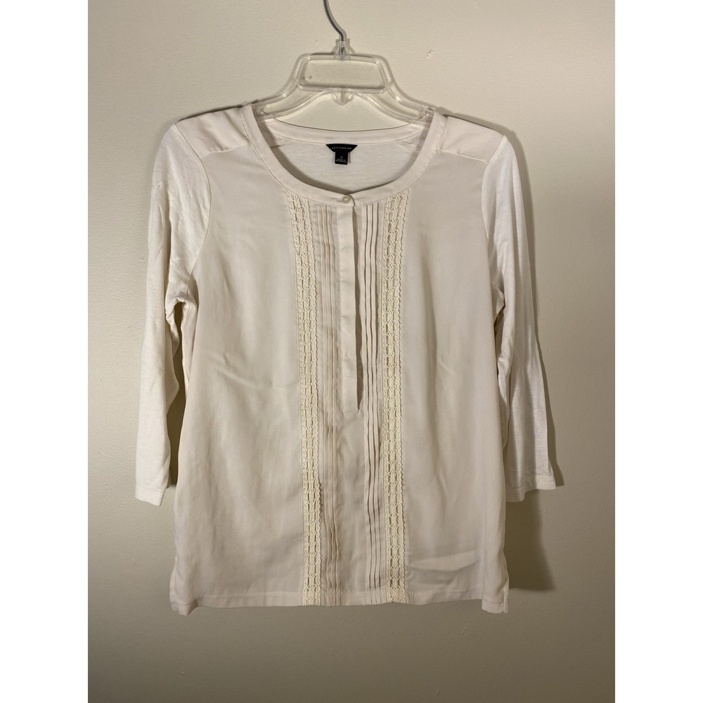 Ann Taylor Womens Blouse Small Ivory 3/4 Sleeve Pintuck Lace Front Shirt Top